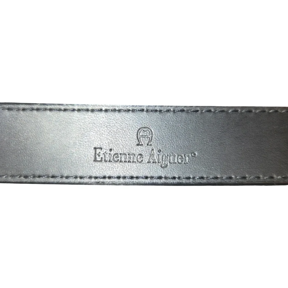 Etienne Aigner Belt Women Large Black Leather Silver Buckle Contrast Stitch 1126